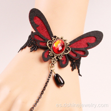 Mariposa de encaje dedo cadena anillo ganchillo pulsera